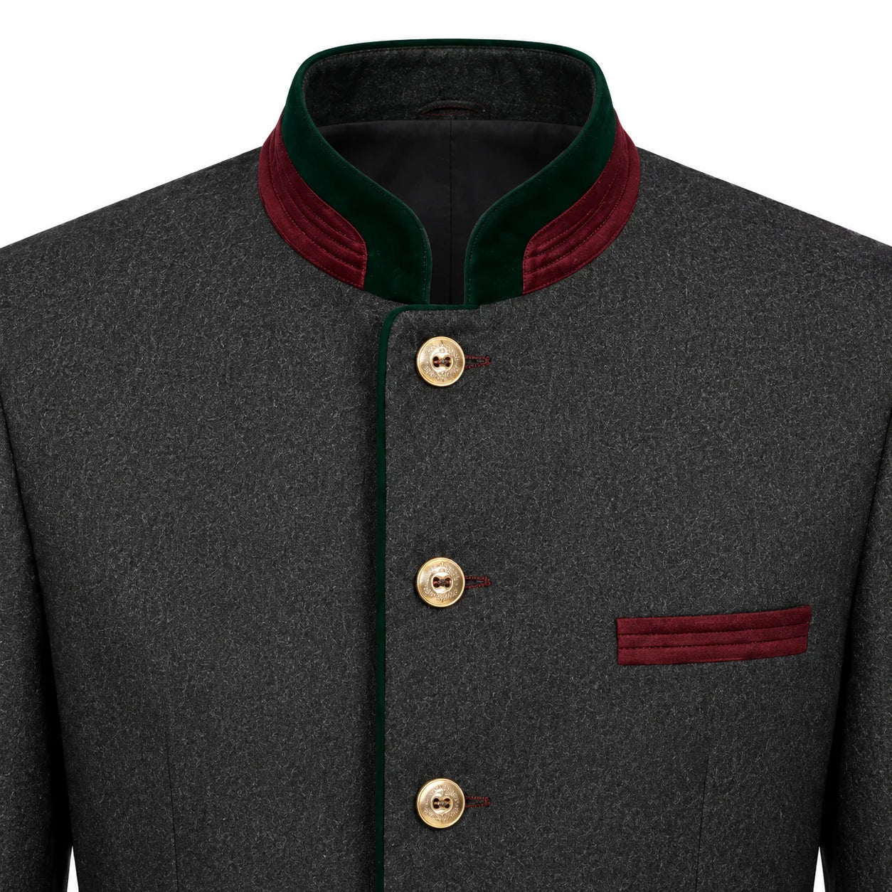 A close-up of a dark gray textured jacket with a mandarin collar, featuring dark green velvet trim, gold buttons, and a matching dark green pocket flap on a white background.