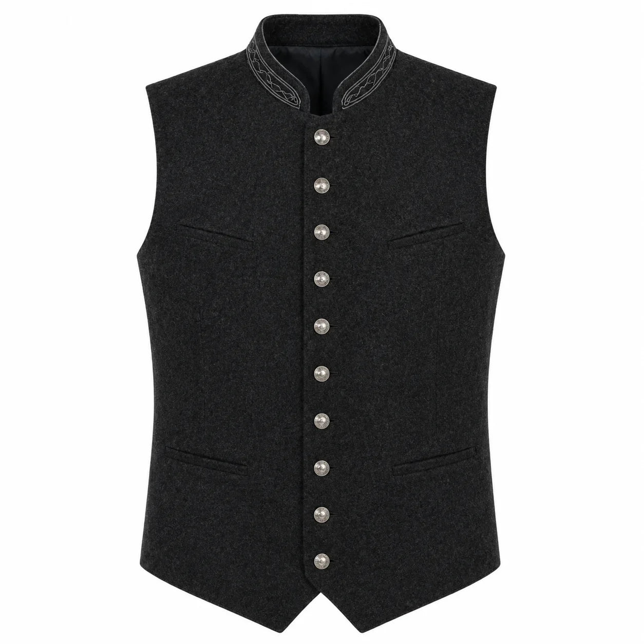 A dark gray wool-blend waistcoat vest with a mandarin collar, decorative silver-gray embroidery on the collar, and a front button closure with silver buttons.