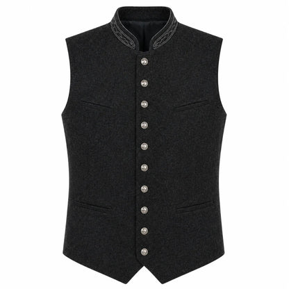 A dark gray wool-blend waistcoat vest with a mandarin collar, decorative silver-gray embroidery on the collar, and a front button closure with silver buttons.