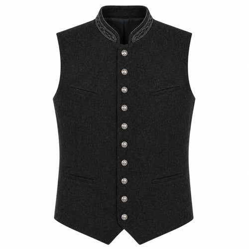 A dark gray wool-blend waistcoat vest with a mandarin collar, decorative silver-gray embroidery on the collar, and a front button closure with silver buttons.