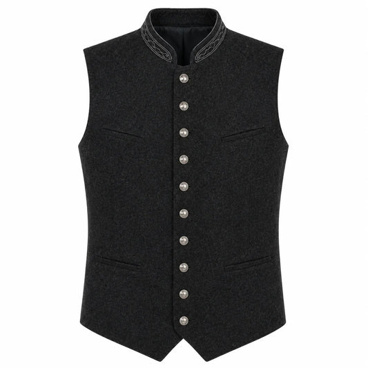 A dark gray wool-blend waistcoat vest with a mandarin collar, decorative silver-gray embroidery on the collar, and a front button closure with silver buttons.