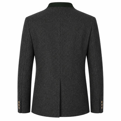 A dark charcoal gray textured wool blazer shown from the back, featuring a subtle green inner collar and three decorative buttons on each cuff, set against a plain white background.