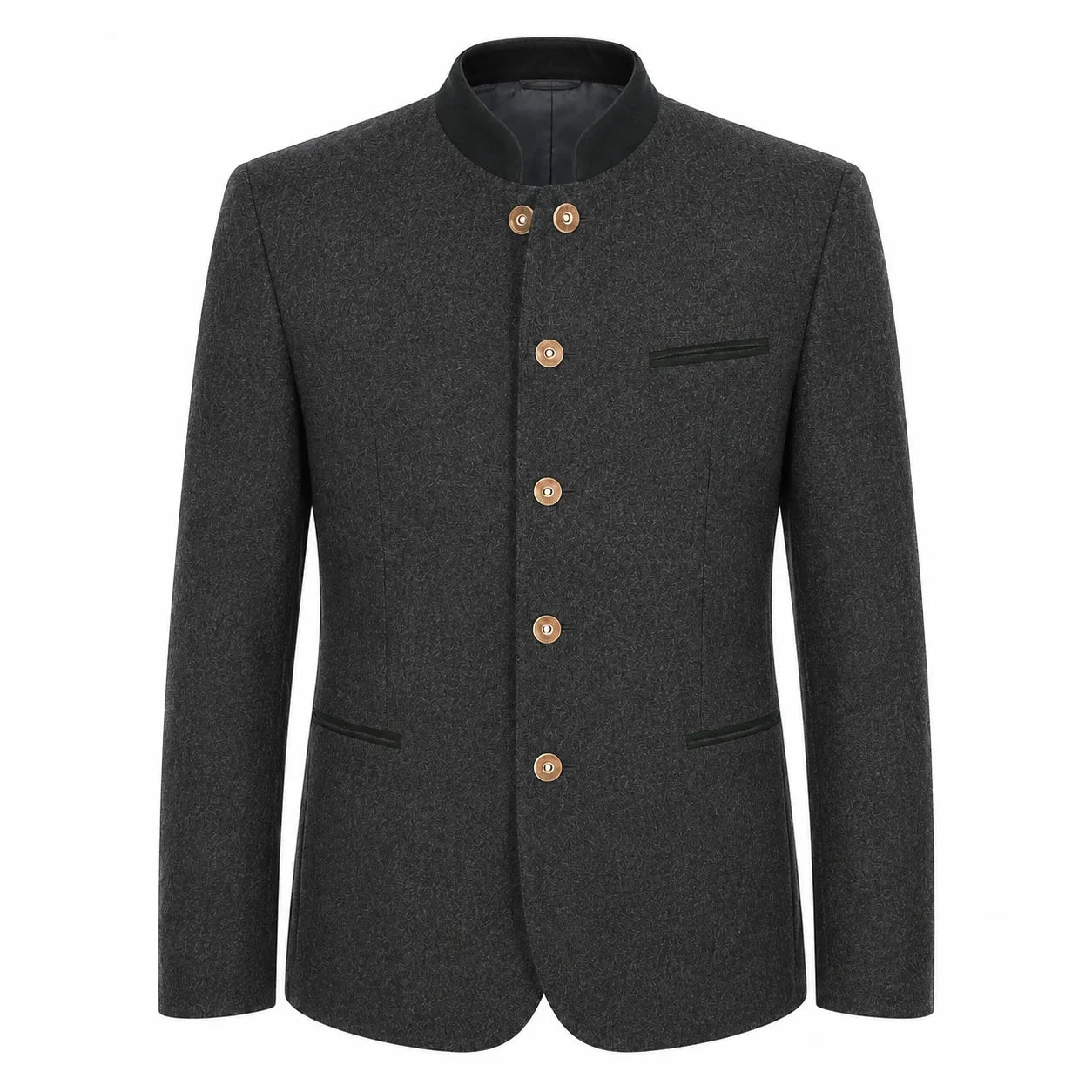 A dark gray textured wool jacket with a mandarin collar and gold-tone buttons, displayed on a clean white background.