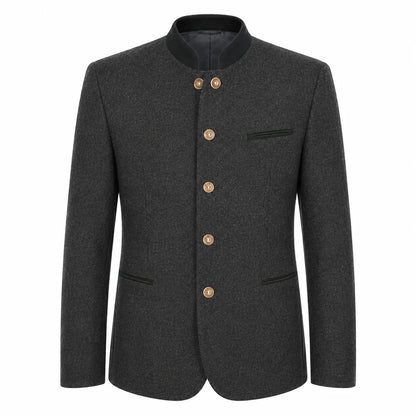 A dark gray textured wool jacket with a mandarin collar and gold-tone buttons, displayed on a clean white background.