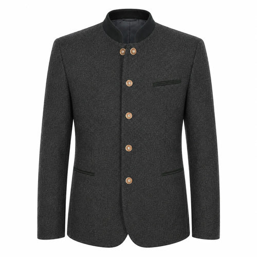 A dark gray textured wool jacket with a mandarin collar and gold-tone buttons, displayed on a clean white background.