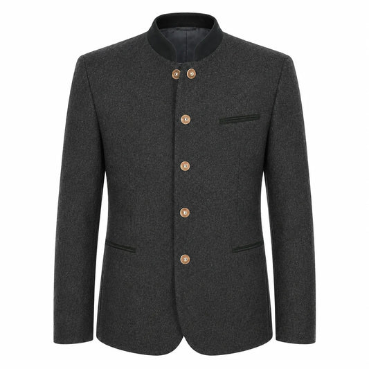 A dark gray textured wool jacket with a mandarin collar and gold-tone buttons, displayed on a clean white background.