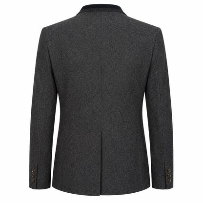 A dark gray textured wool blazer shown from the back, featuring a subtle heathered pattern, structured shoulders, and button details on the cuffs, set against a plain white background.