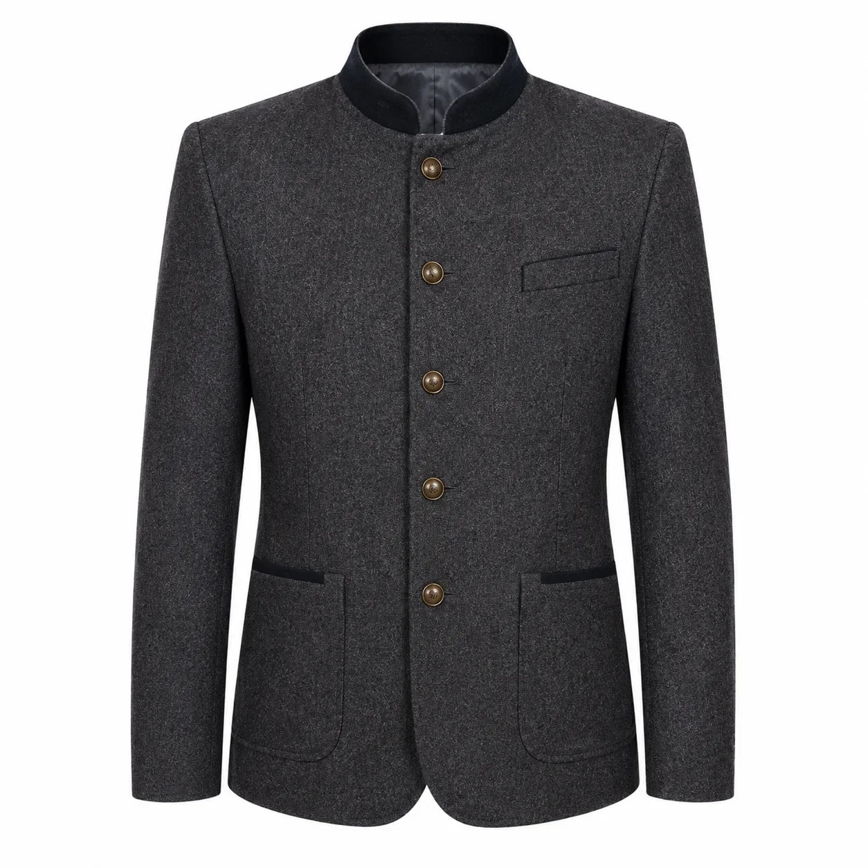 A dark gray textured wool-blend jacket with a mandarin collar, four brown buttons, and front flap pockets, shown on a plain white background.