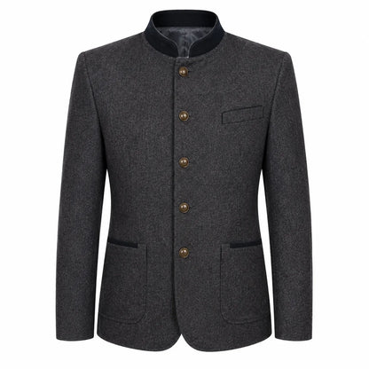 A dark gray textured wool-blend jacket with a mandarin collar, four brown buttons, and front flap pockets, shown on a plain white background.