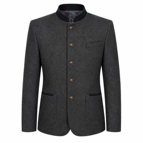 A dark gray textured wool-blend jacket with a mandarin collar, four brown buttons, and front flap pockets, shown on a plain white background.
