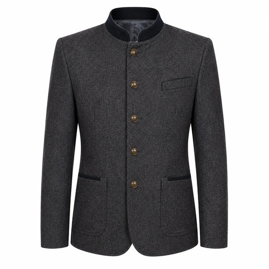 A dark gray textured wool-blend jacket with a mandarin collar, four brown buttons, and front flap pockets, shown on a plain white background.