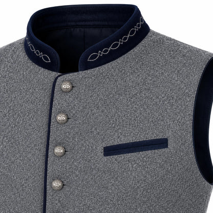 Close-up of a gray textured waistcoat vest with a dark navy blue collar, decorative collar trim, front buttons, and a matching navy blue chest pocket on a white background.