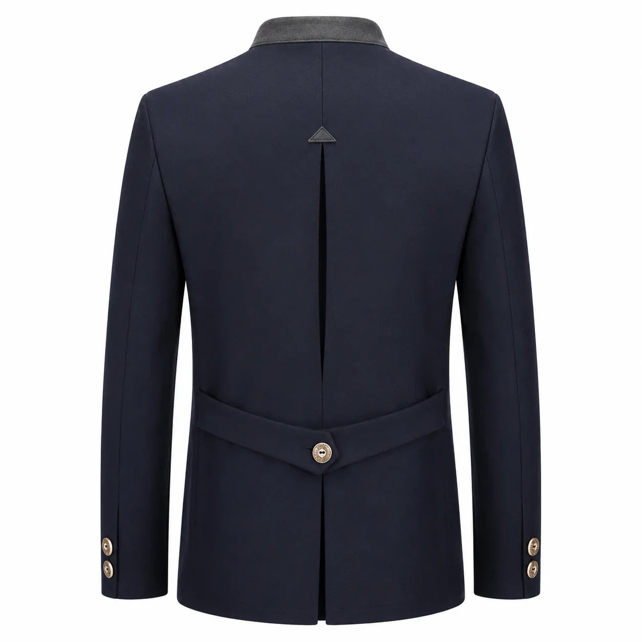 A dark navy blue men's blazer shown from the back, featuring a structured collar, a central back seam, a matching waist belt with a single gold-tone button, and gold button details on the cuffs.