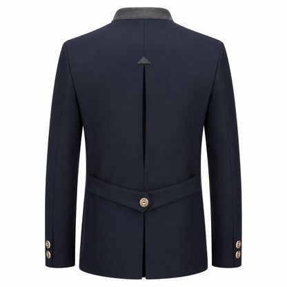 A dark navy blue men's blazer shown from the back, featuring a structured collar, a central back seam, a matching waist belt with a single gold-tone button, and gold button details on the cuffs.