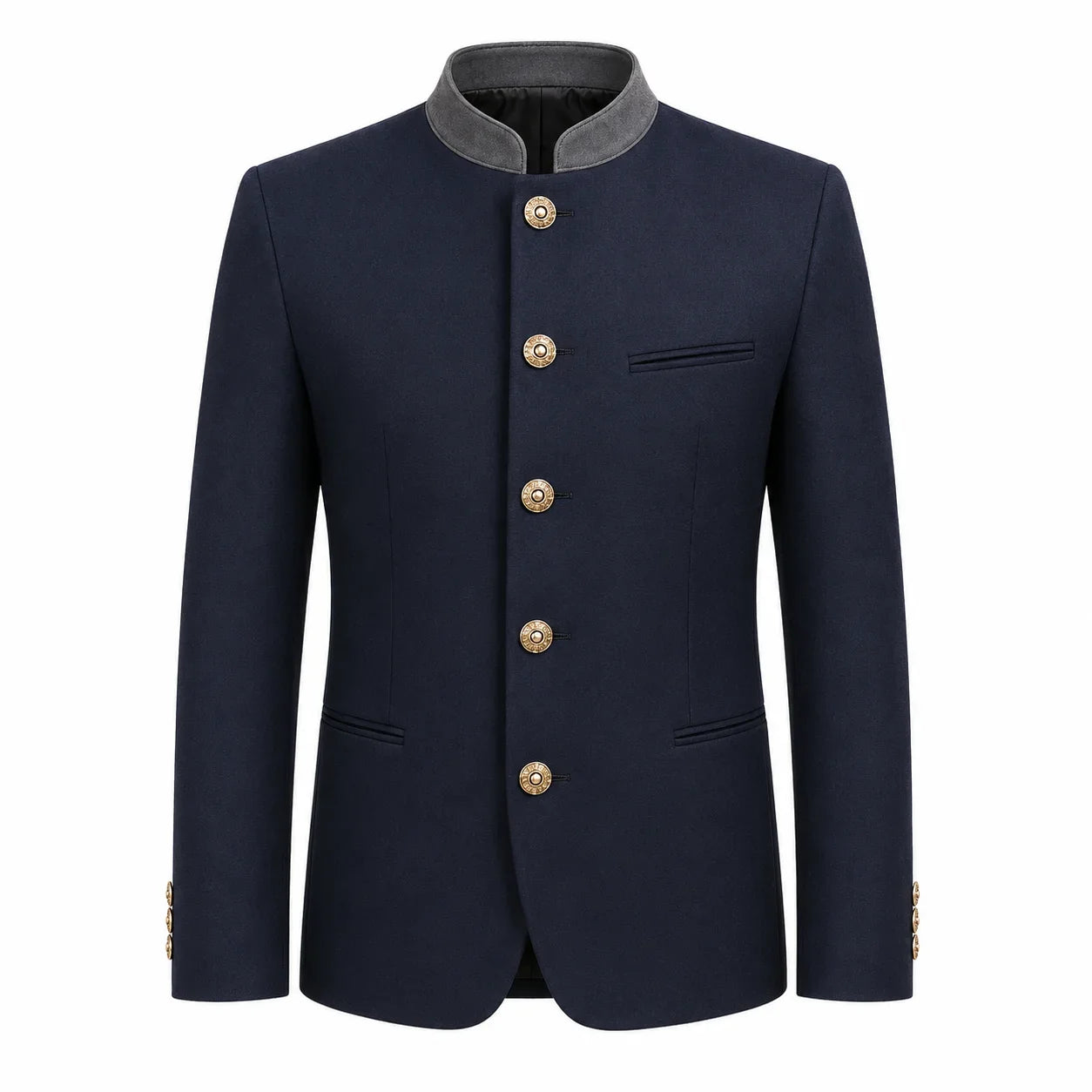 A men's traditional-style jacket in dark navy blue with a contrasting gray stand collar and decorative gold buttons, shown on a plain white background.