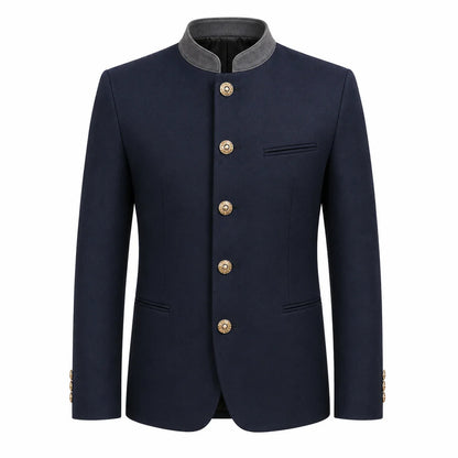 A men's traditional-style jacket in dark navy blue with a contrasting gray stand collar and decorative gold buttons, shown on a plain white background.