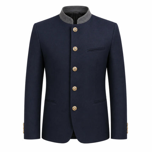 A men's traditional-style jacket in dark navy blue with a contrasting gray stand collar and decorative gold buttons, shown on a plain white background.