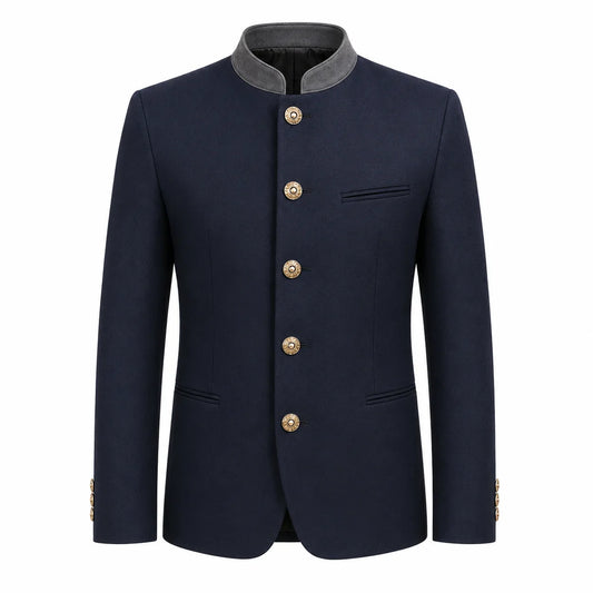 A men's traditional-style jacket in dark navy blue with a contrasting gray stand collar and decorative gold buttons, shown on a plain white background.