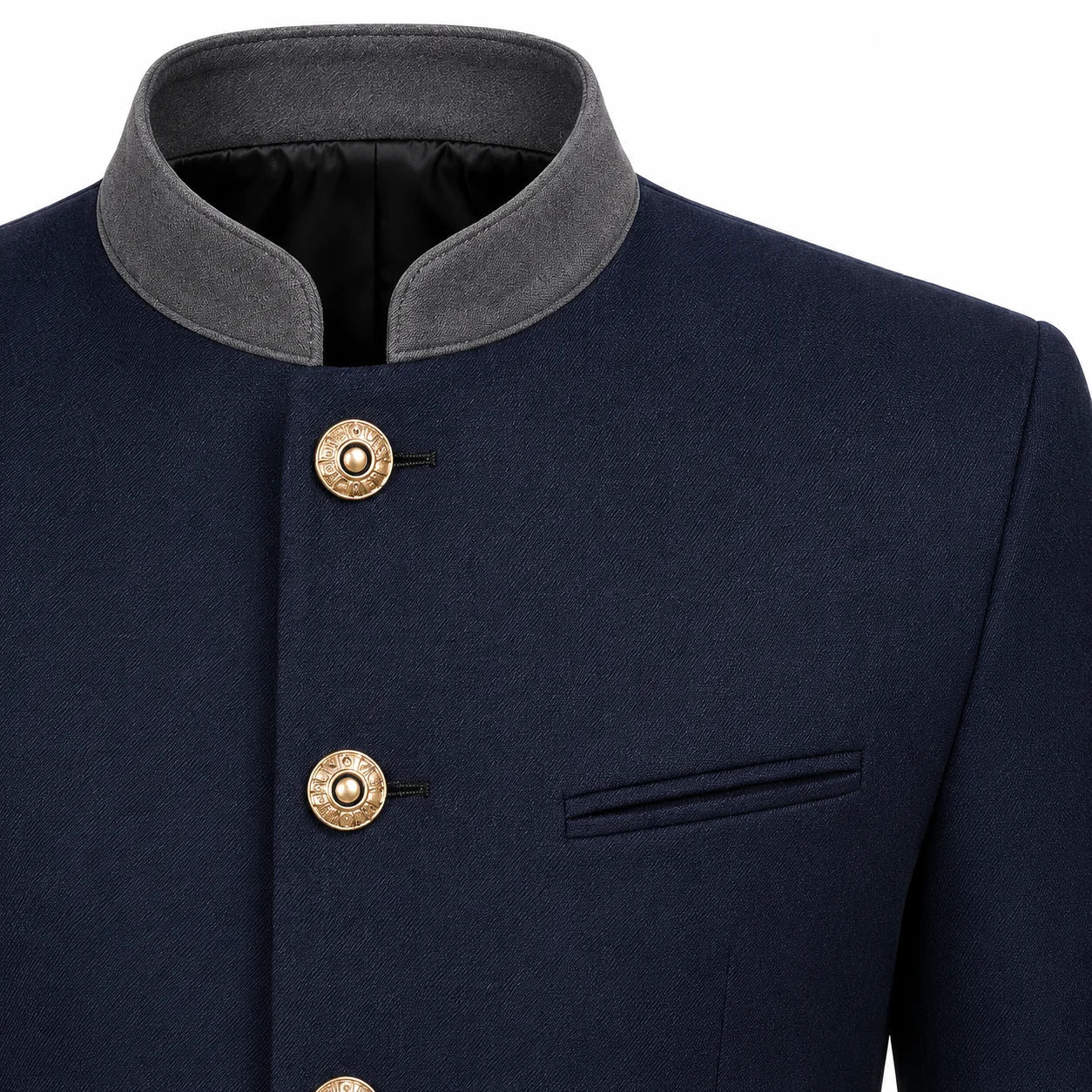 Close-up of a navy blue jacket with a gray mandarin collar and gold-tone buttons, shown on a white background.