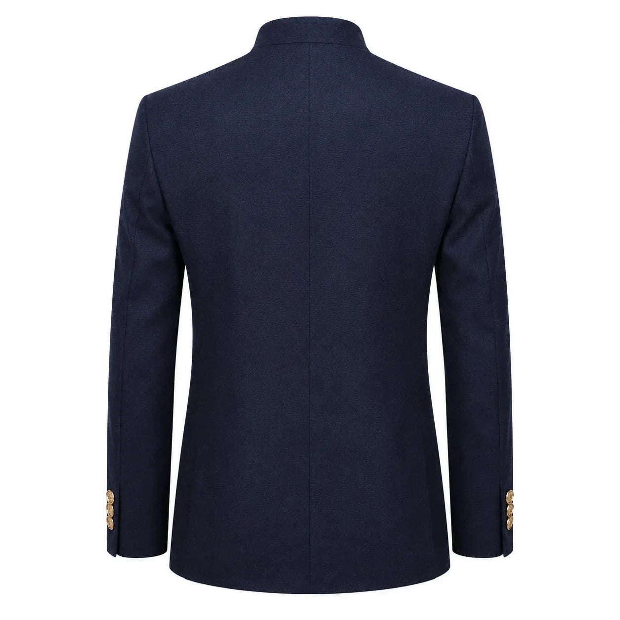 A navy blue blazer shown from the back, featuring a high collar and gold button accents on the cuffs, set against a plain white background.