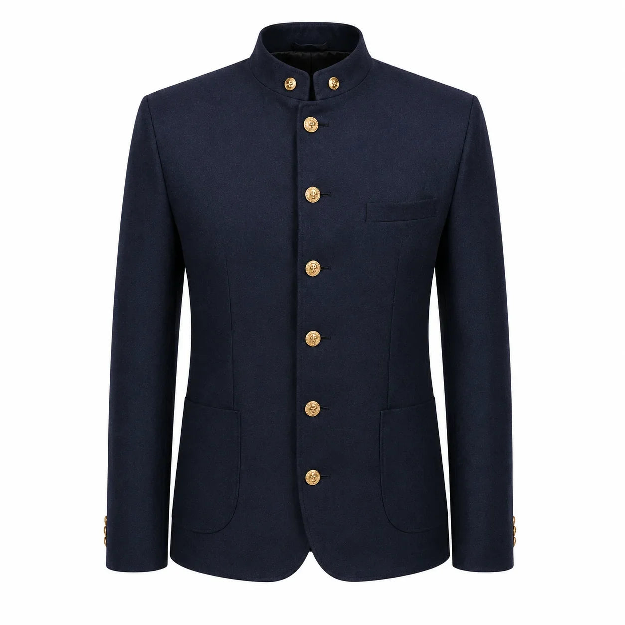 A dark navy blue men's jacket with a mandarin collar and gold buttons, displayed on a clean white background.