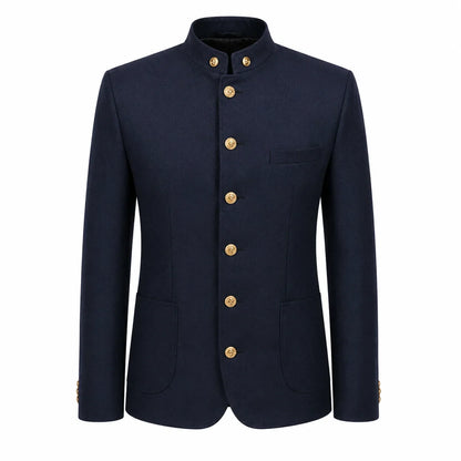 A dark navy blue men's jacket with a mandarin collar and gold buttons, displayed on a clean white background.