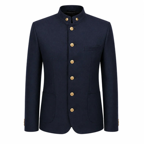 A dark navy blue men's jacket with a mandarin collar and gold buttons, displayed on a clean white background.