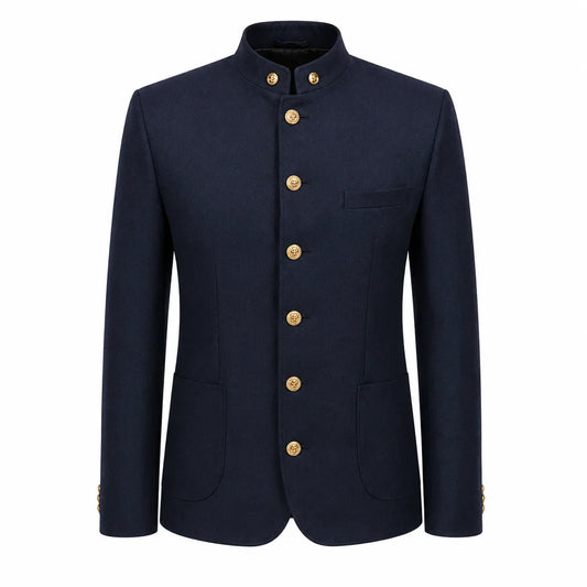 A dark navy blue men's jacket with a mandarin collar and gold buttons, displayed on a clean white background.