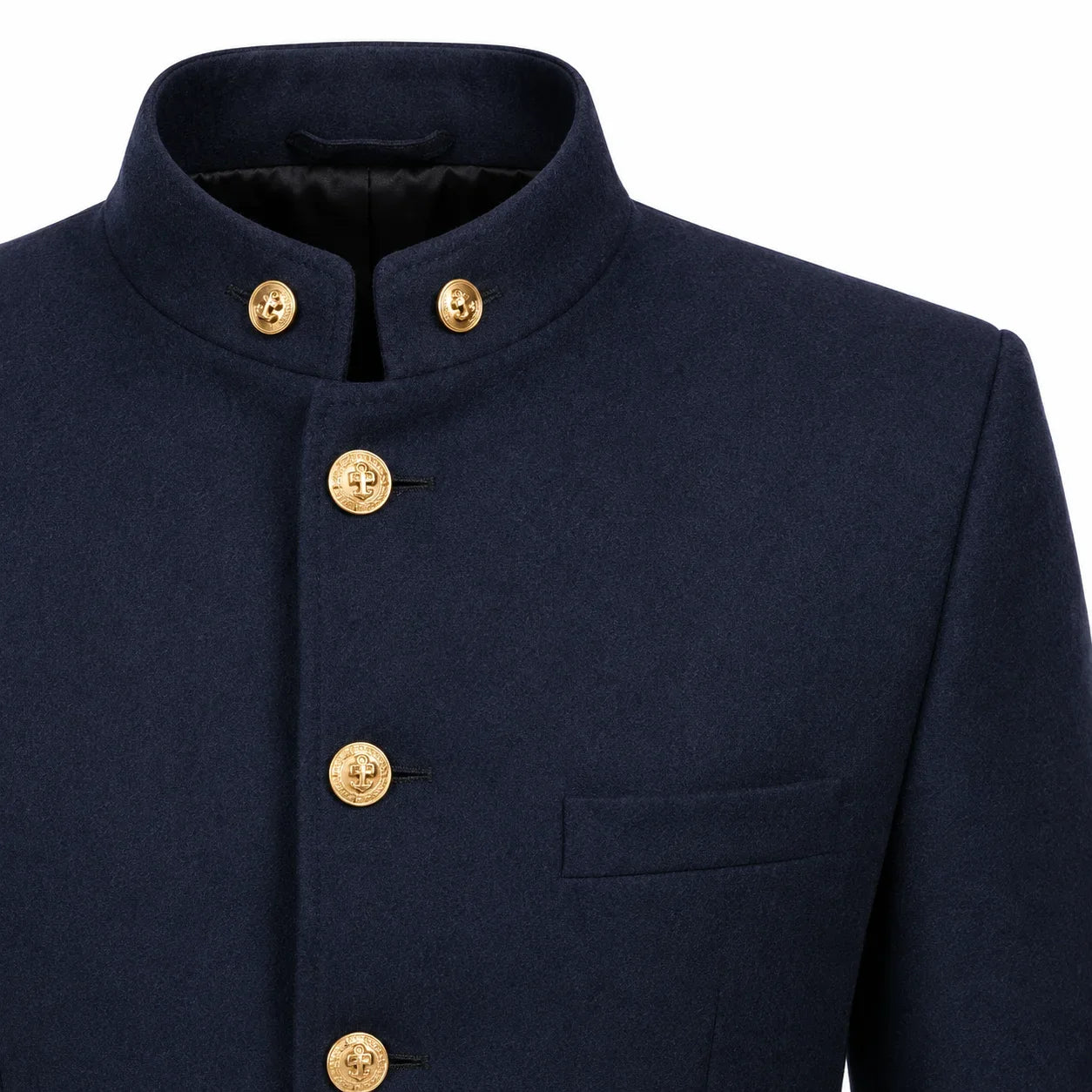 Close-up of a dark navy blue jacket with a mandarin collar and gold buttons, set against a plain white background.