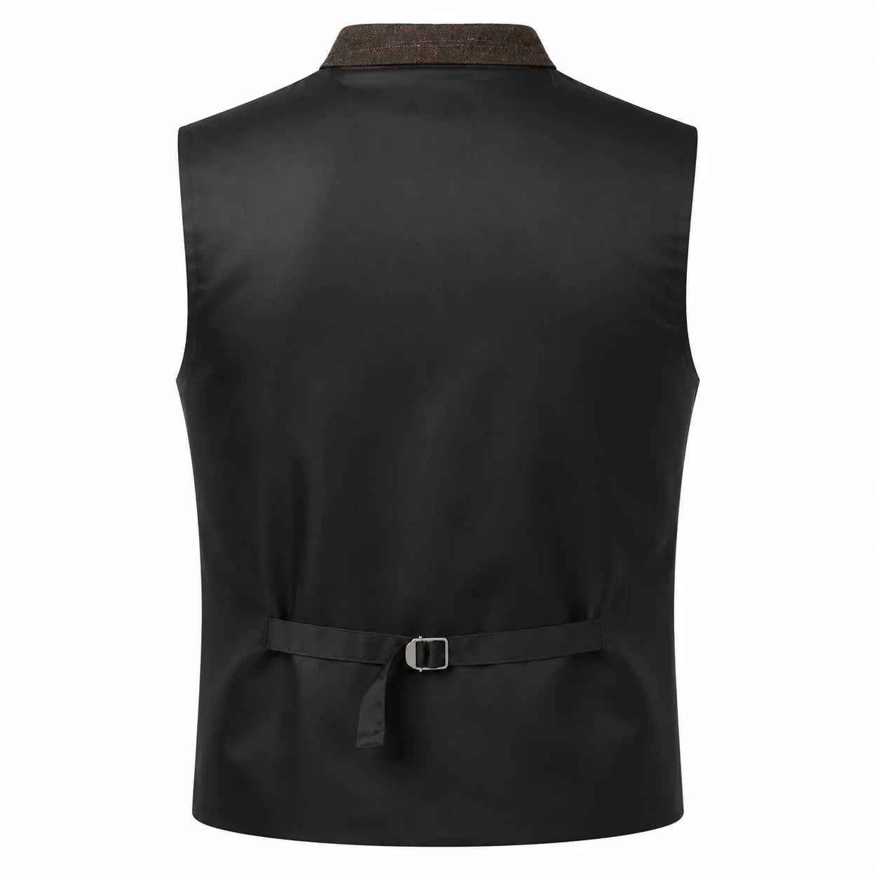 Black sleeveless vest with a brown textured collar and a matching tie belt with a silver buckle, shown from the back on a white background.
