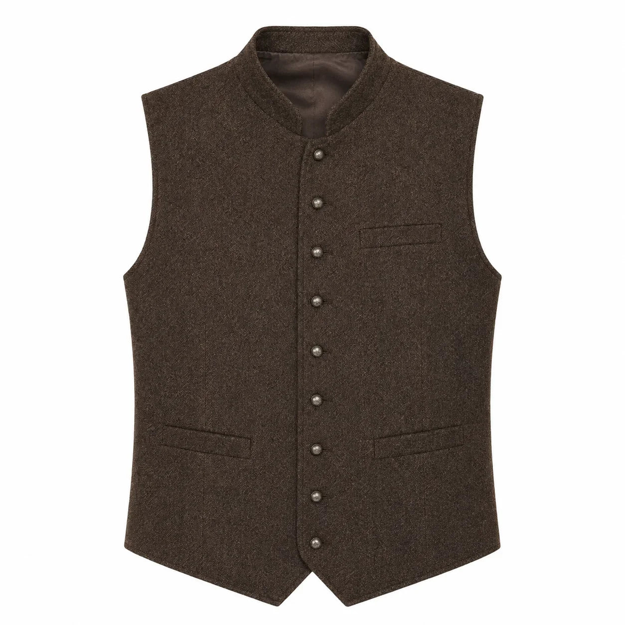 A dark brown wool vest with a mandarin collar, button front closure, and flap pockets, shown against a plain white background.