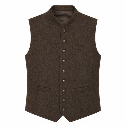 A dark brown wool vest with a mandarin collar, button front closure, and flap pockets, shown against a plain white background.