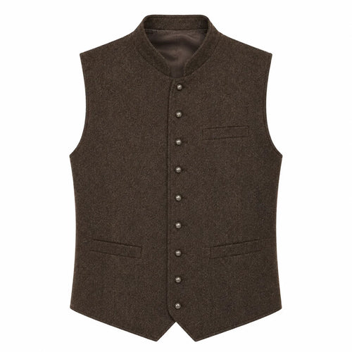 A dark brown wool vest with a mandarin collar, button front closure, and flap pockets, shown against a plain white background.