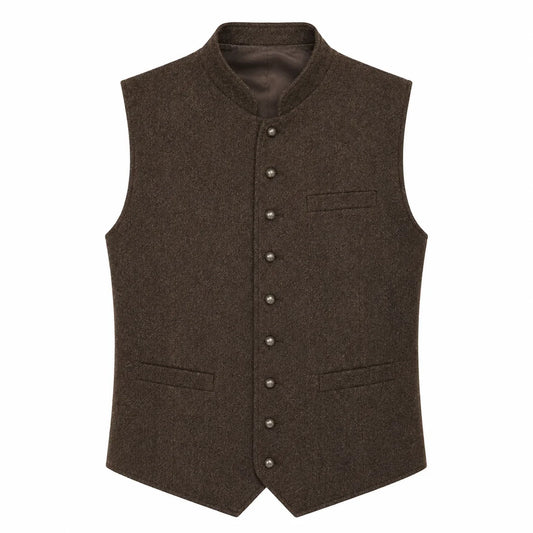 A dark brown wool vest with a mandarin collar, button front closure, and flap pockets, shown against a plain white background.