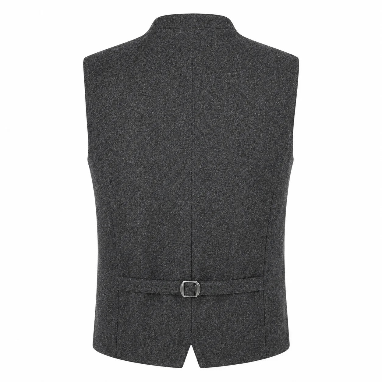 A dark gray textured waistcoat vest with a matching waist belt and silver buckle, shown from the back on a white background.