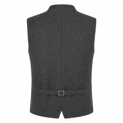 A dark gray textured waistcoat vest with a matching waist belt and silver buckle, shown from the back on a white background.