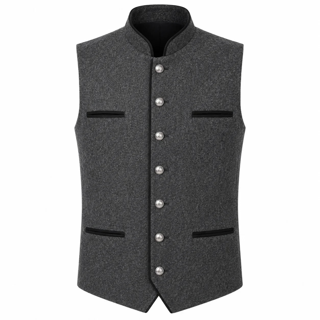 A dark gray textured waistcoat vest with a mandarin collar, silver-tone decorative buttons down the front, and black trim details on the pockets and collar, shown against a plain white background.