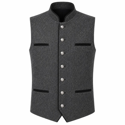 A dark gray textured waistcoat vest with a mandarin collar, silver-tone decorative buttons down the front, and black trim details on the pockets and collar, shown against a plain white background.