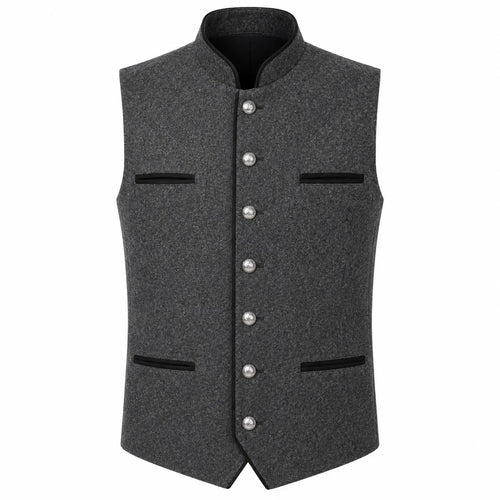 A dark gray textured waistcoat vest with a mandarin collar, silver-tone decorative buttons down the front, and black trim details on the pockets and collar, shown against a plain white background.