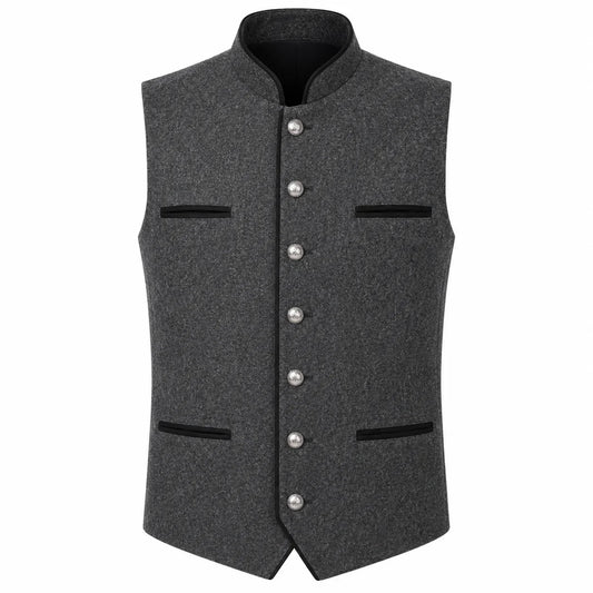 A dark gray textured waistcoat vest with a mandarin collar, silver-tone decorative buttons down the front, and black trim details on the pockets and collar, shown against a plain white background.
