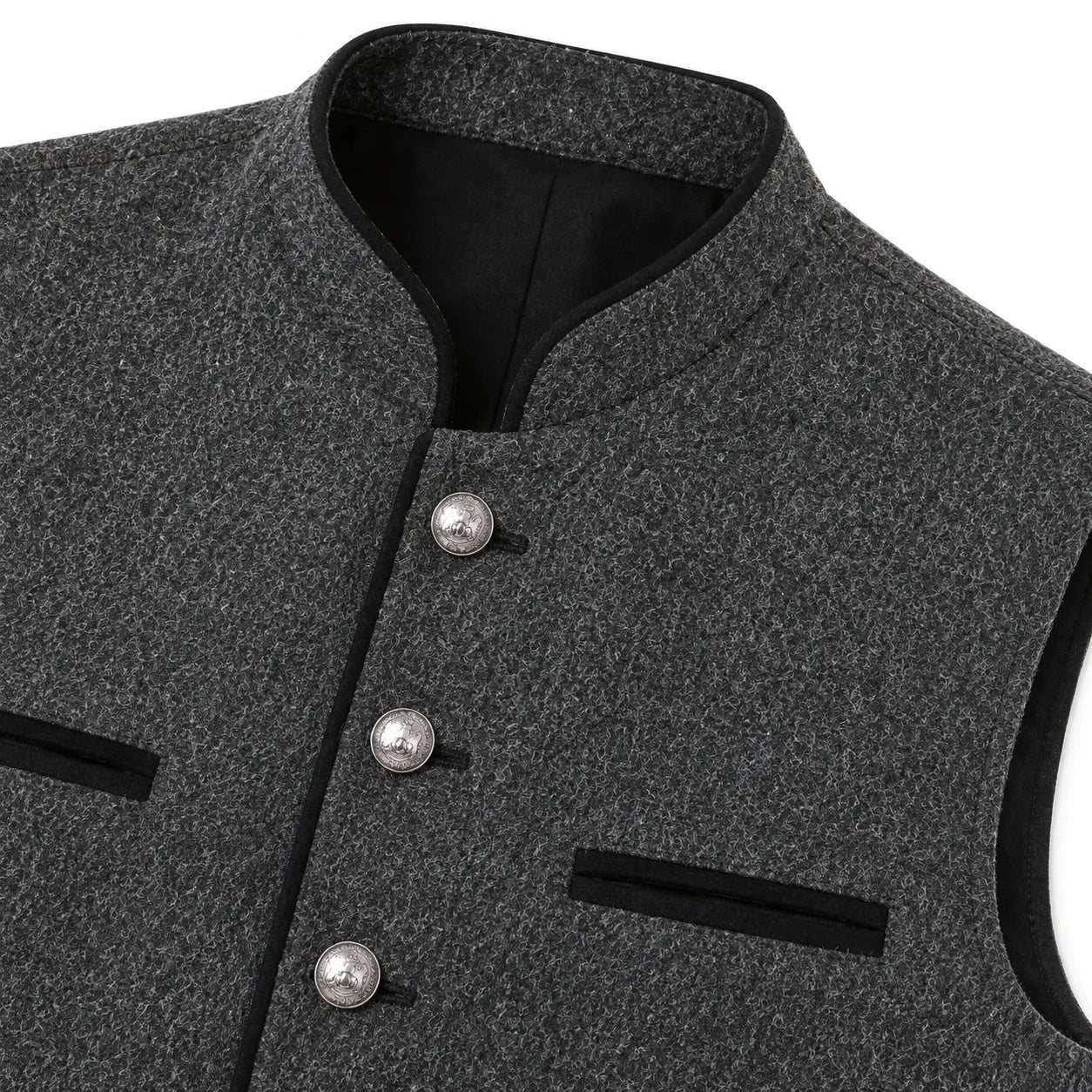 Close-up of a dark gray textured waistcoat with a mandarin collar, black trim, and three silver-tone buttons.