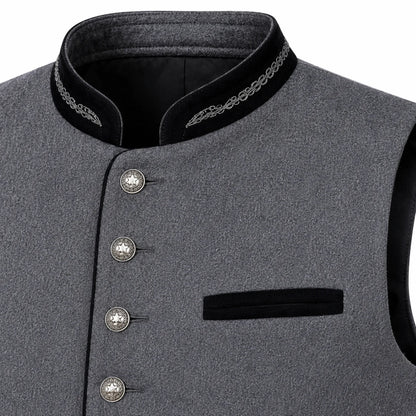 Close-up of a gray textured waistcoat or vest with black trim, decorative silver-tone buttons, and a black pocket on a white background.