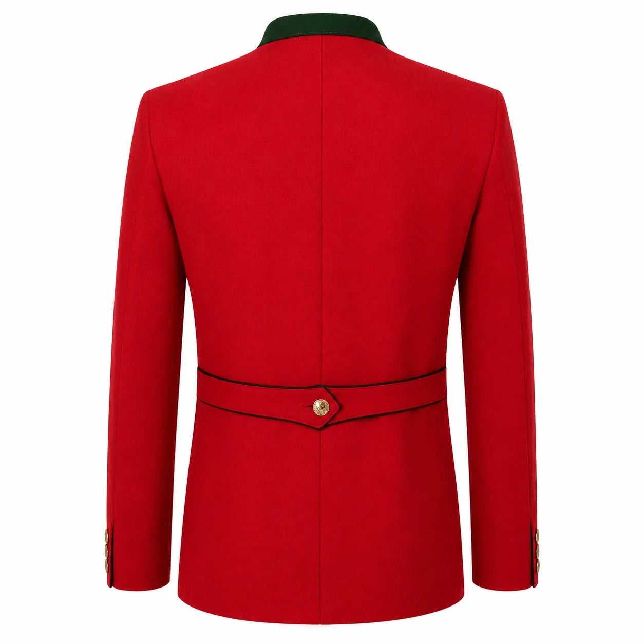 A bright red men's blazer shown from the back, featuring a structured collar, a matching red waist belt with a gold button, and black piping details.