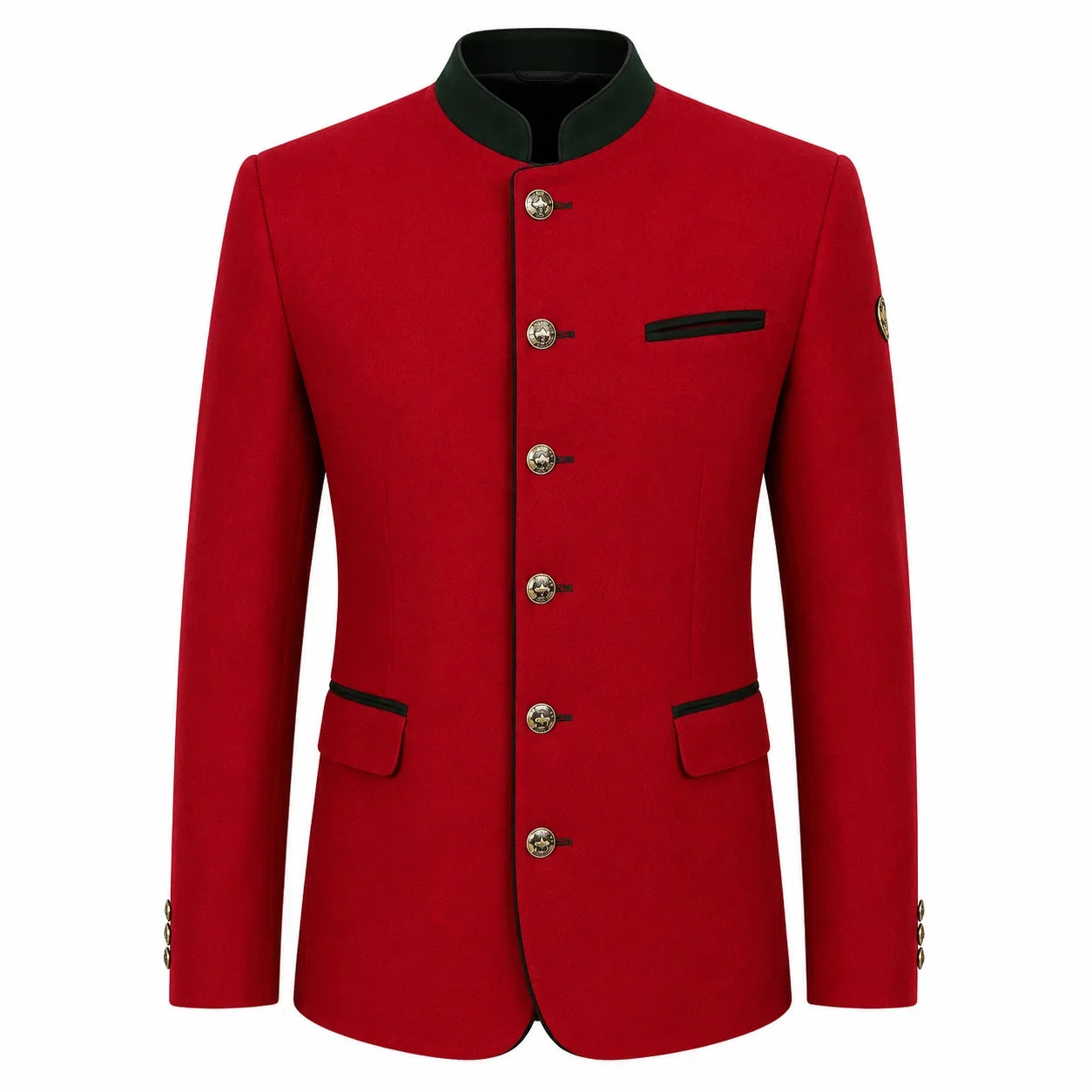 A red men's jacket with a mandarin collar, silver-tone buttons, and black trim details, shown on a plain white background.