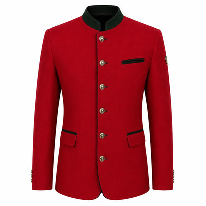 A red men's jacket with a mandarin collar, silver-tone buttons, and black trim details, shown on a plain white background.