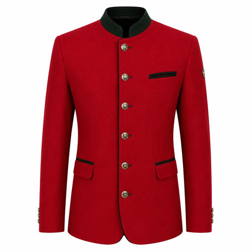 A red men's jacket with a mandarin collar, silver-tone buttons, and black trim details, shown on a plain white background.