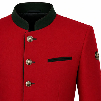 A close-up of a red jacket with a dark green stand collar, black piping, decorative gold-tone buttons, and a black chest pocket, shown against a white background.