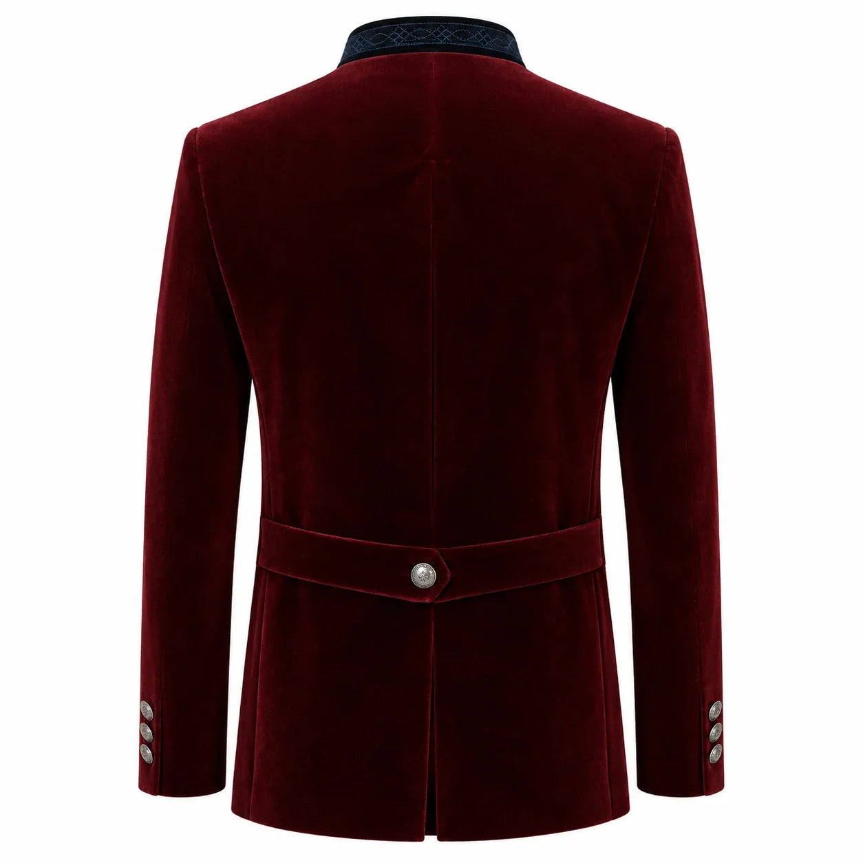 A men's longline velvet blazer shown from the back, featuring a deep burgundy red color, a matching waist belt with a single silver button, and decorative silver buttons on the cuffs, set against a plain white background.