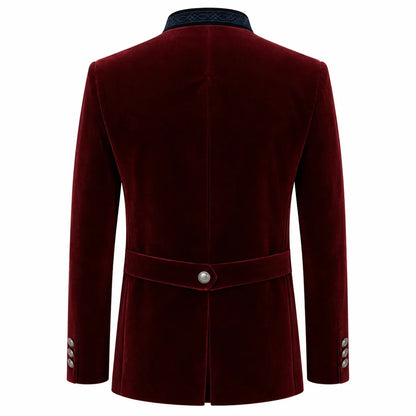 A men's longline velvet blazer shown from the back, featuring a deep burgundy red color, a matching waist belt with a single silver button, and decorative silver buttons on the cuffs, set against a plain white background.
