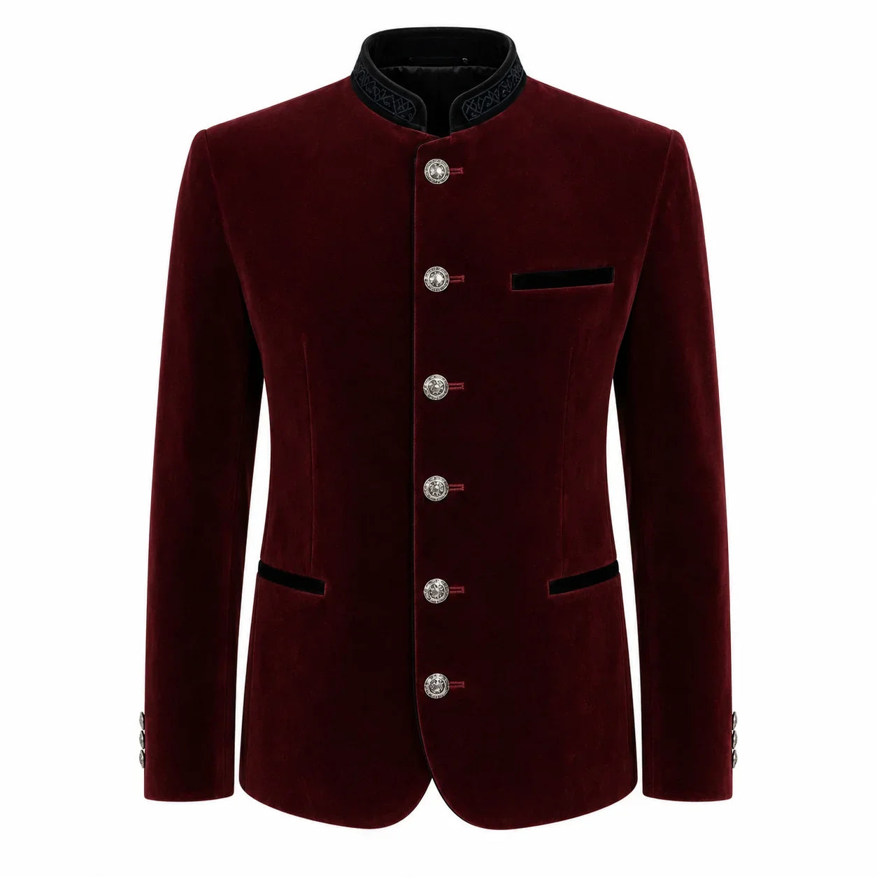 A men's traditional-style jacket in deep burgundy velvet with a black mandarin collar, black pocket flaps, and silver-tone decorative buttons, shown on a plain white background.